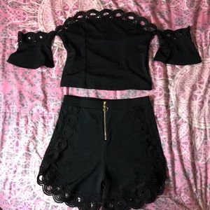 Black 2 piece top and Short set w/ ruffle detail